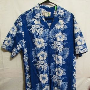 Vtg KY'S Hawaiian Shirt Blue Hibiscus Flower Large